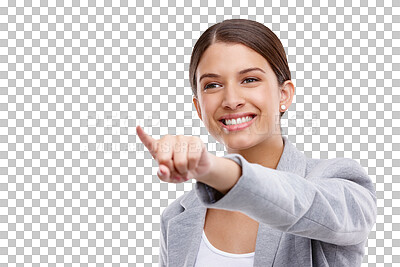 Buy stock photo Employee, pointing and woman with a smile, opportunity and business owner isolated on transparent background. Happy, entrepreneur and consultant with showing gesture, png and announcement with choice