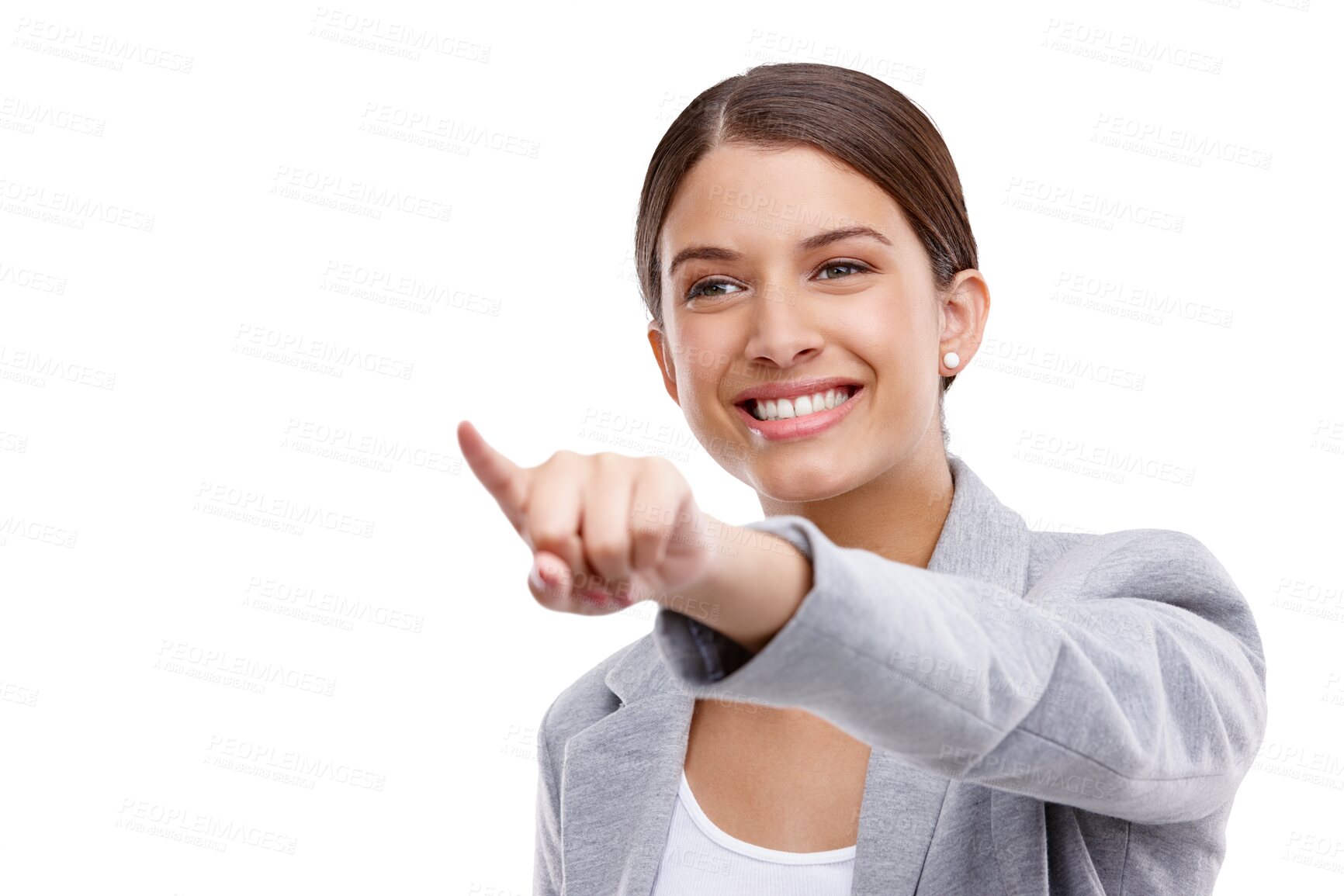 Buy stock photo Employee, pointing and woman with a smile, opportunity and business owner isolated on transparent background. Happy, entrepreneur and consultant with showing gesture, png and announcement with choice