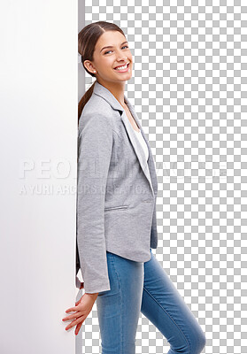 Buy stock photo Marketing, happy and woman lean on board in classy, elegant or trendy outfit with confidence. Advertising, smile and portrait of young female model with fashion isolated by transparent png background