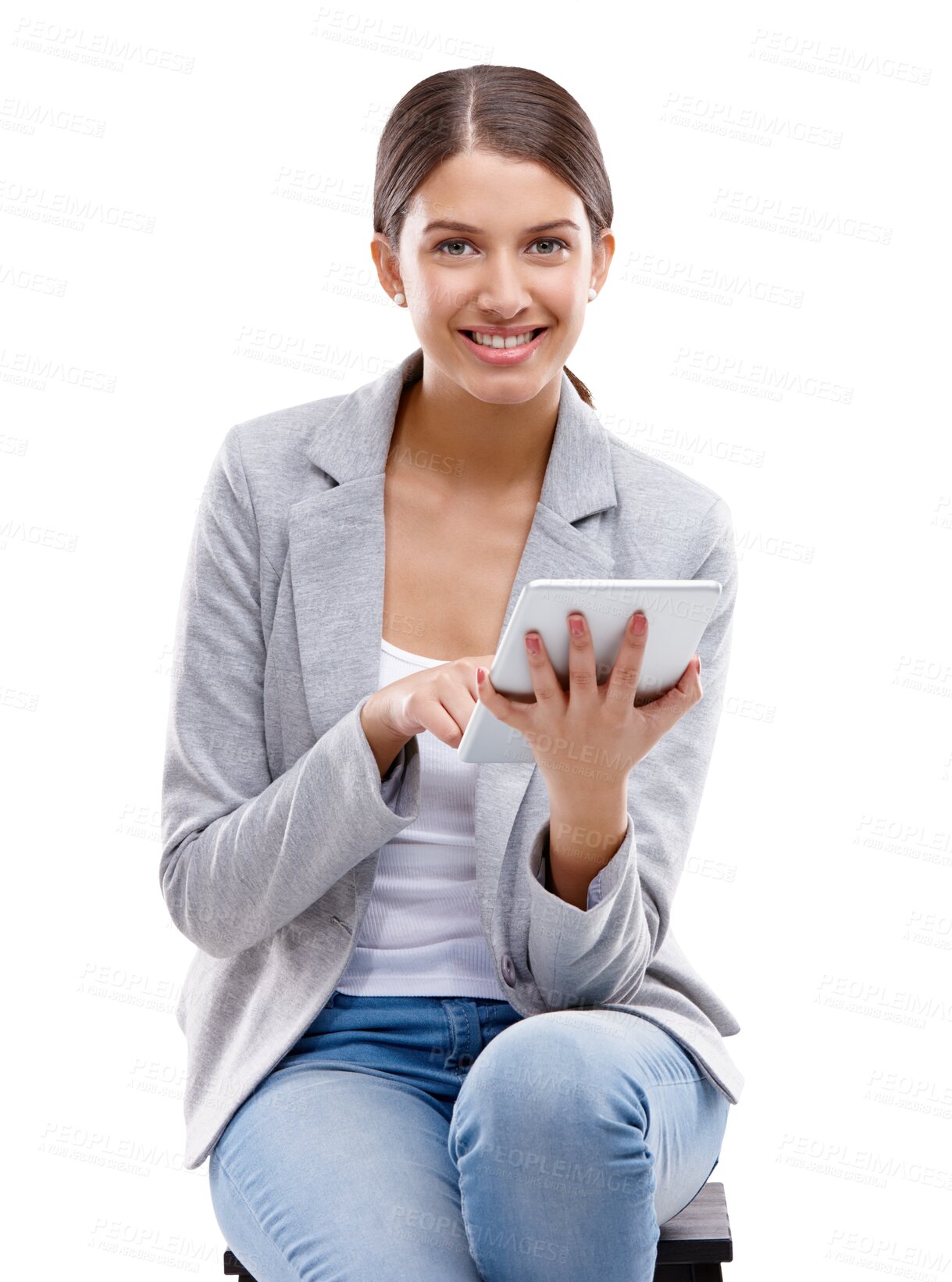 Buy stock photo Happy, woman and communication on tablet with news, announcement or information on transparent, isolated or png background. Mobile app, girl on scrolling on social media, internet or online user