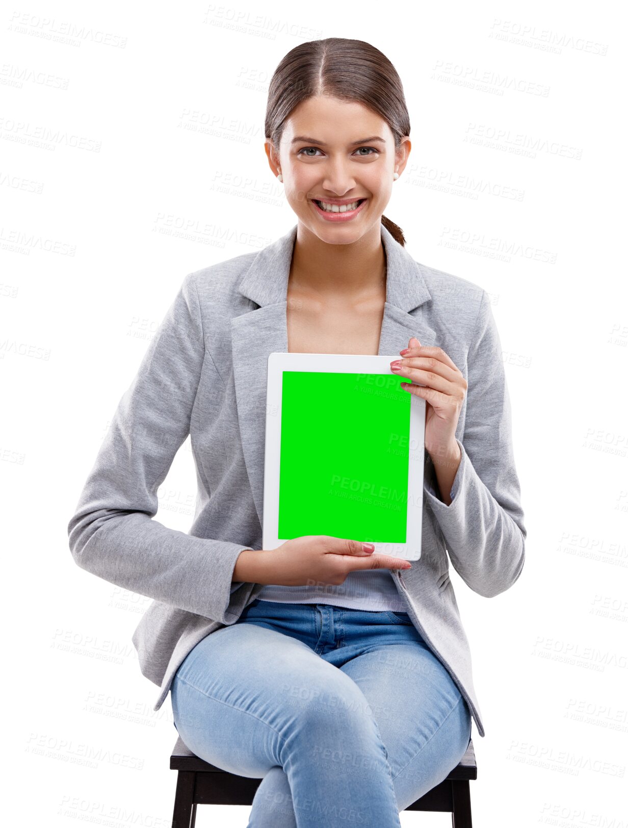 Buy stock photo Business woman, tablet and green screen marketing or social media presentation and information mockup. Portrait of happy person on chair, and digital technology isolated on transparent png background