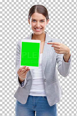 Buy stock photo Woman pointing, tablet and green screen presentation in university, college or e learning marketing. Person or student on digital education mockup and portrait isolated on transparent png background 