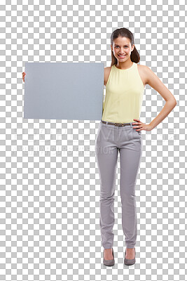 Buy stock photo Portrait, poster and mockup with a woman brand ambassador isolated on a transparent background. Paper, presentation or space on a sign for advertising, marketing and branding with a person on PNG