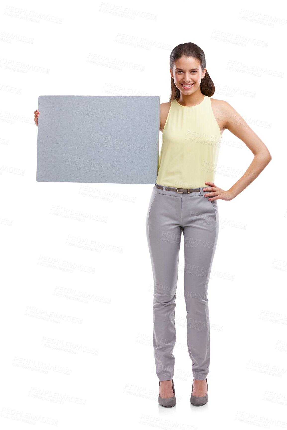 Buy stock photo Portrait, poster and mockup with a woman brand ambassador isolated on a transparent background. Paper, presentation or space on a sign for advertising, marketing and branding with a person on PNG