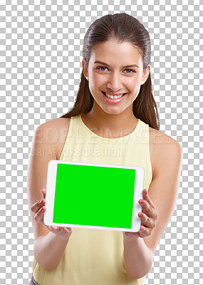 Buy stock photo Portrait, tablet and woman with green screen, smile and isolated on a transparent png background. Face, happy and person with technology for mockup space, advertising or marketing in commercial promo