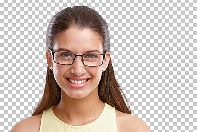 Buy stock photo Smile, glasses and optometry with the portrait of a woman isolated on a transparent background for vision. Face, eyewear and frame lenses with a happy young female person on PNG for an eye exam