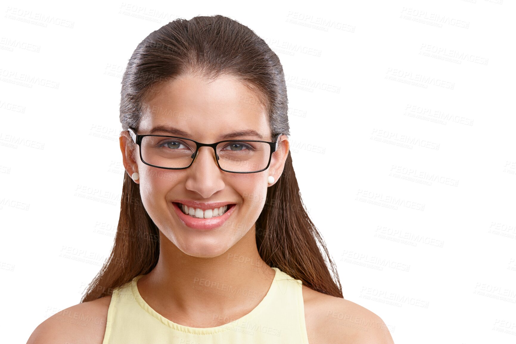 Buy stock photo Smile, glasses and optometry with the portrait of a woman isolated on a transparent background for vision. Face, eyewear and frame lenses with a happy young female person on PNG for an eye exam