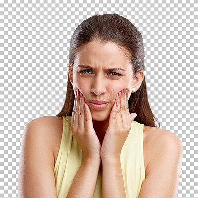 Buy stock photo Oral, toothache or pain and the portrait of a woman with a cavity isolated on a transparent background. Face, mouth and dental hygiene with a young female person on PNG for emergency medical care