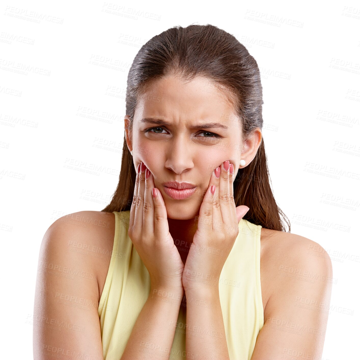 Buy stock photo Oral, toothache or pain and the portrait of a woman with a cavity isolated on a transparent background. Face, mouth and dental hygiene with a young female person on PNG for emergency medical care