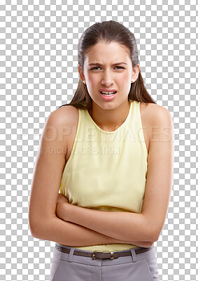 Buy stock photo Frustrated, woman and portrait of stomach ache, pain or problem with digestion on transparent, isolated or png background. Sore, cramps or girl with pms, endometriosis or gut health crisis or stress 