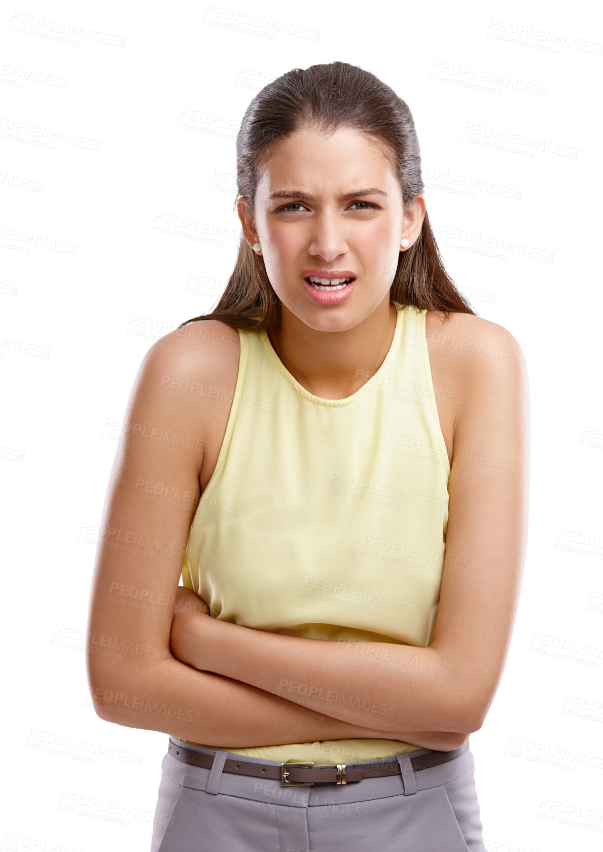 Buy stock photo Frustrated, woman and portrait of stomach ache, pain or problem with digestion on transparent, isolated or png background. Sore, cramps or girl with pms, endometriosis or gut health crisis or stress 