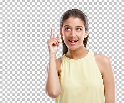 Buy stock photo Portrait of woman with promotion, pointing up and isolated on transparent png background for presentation. Information, deal announcement and casual happy model showing opportunity, choice or idea.