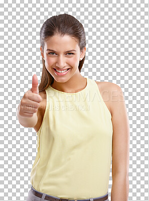 Buy stock photo Happy, thumbs up and portrait of a young woman with an approval, agreement or satisfaction gesture. Excited, smile and female model with a yes hand sign isolated by a transparent png background.