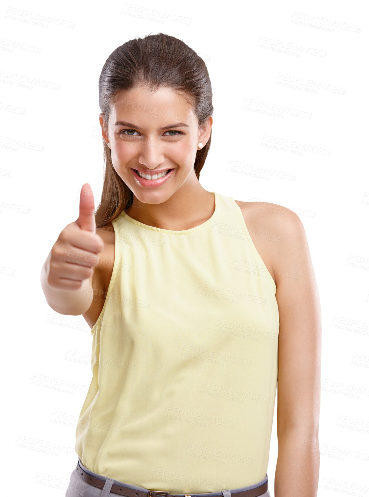 Buy stock photo Happy, thumbs up and portrait of a young woman with an approval, agreement or satisfaction gesture. Excited, smile and female model with a yes hand sign isolated by a transparent png background.