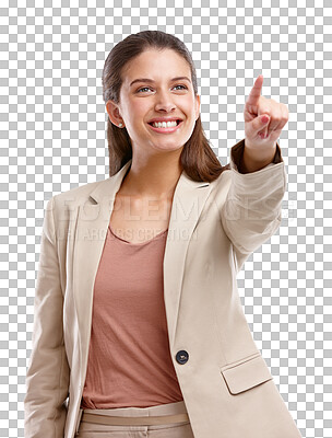 Buy stock photo Business woman with smile, pointing and isolated on transparent png background for promo or presentation. Information, deal announcement and face of happy model showing opportunity, choice or idea.