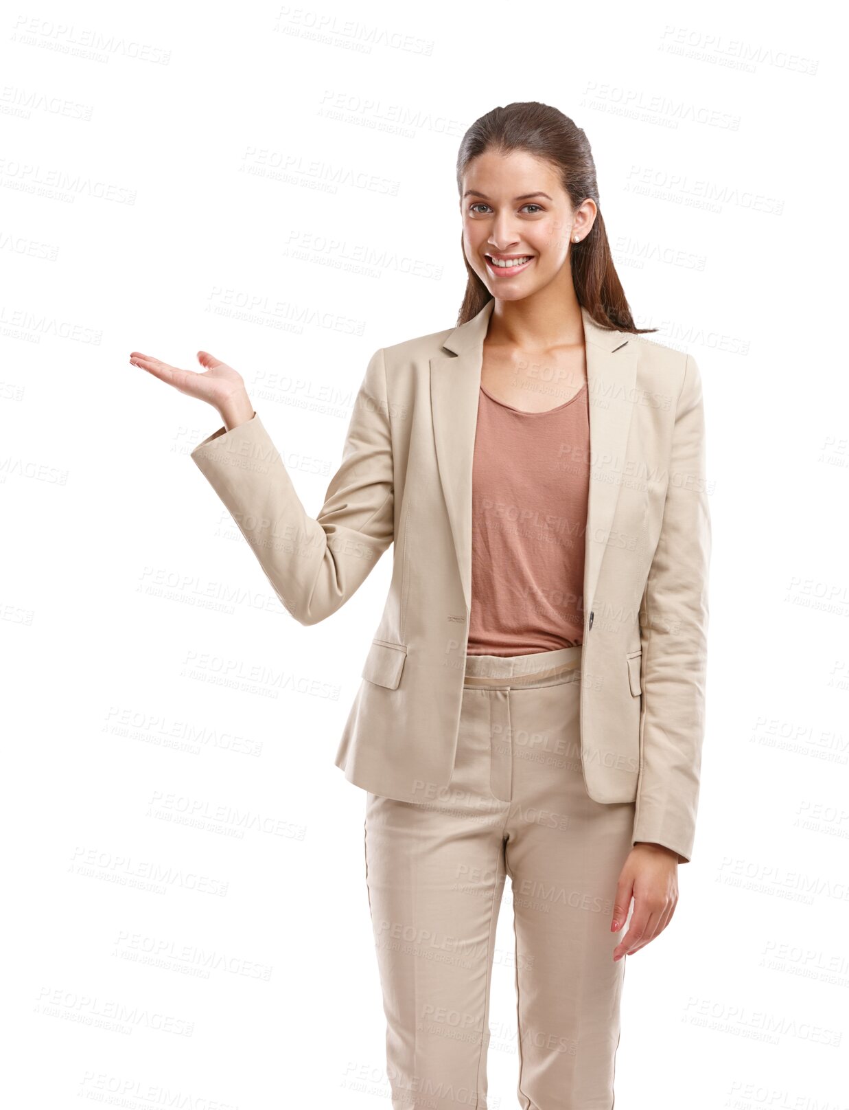 Buy stock photo Portrait of business woman with smile, showing hand and isolated on transparent png background for presentation. Information, deal announcement and happy model pointing to opportunity, choice or idea