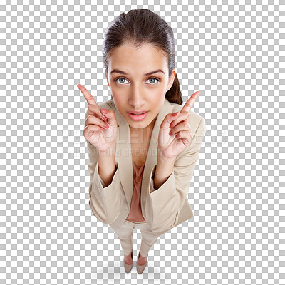 Buy stock photo Pointing up, professional and portrait of business woman on isolated, png and transparent background. High angle, advertising and female person with hand gesture for promotion, information and news