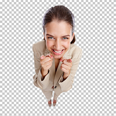 Buy stock photo Pointing at you, professional and business woman on isolated, png and transparent background for hiring. High angle, recruitment and female person with hand sign for opportunity, choice and decision