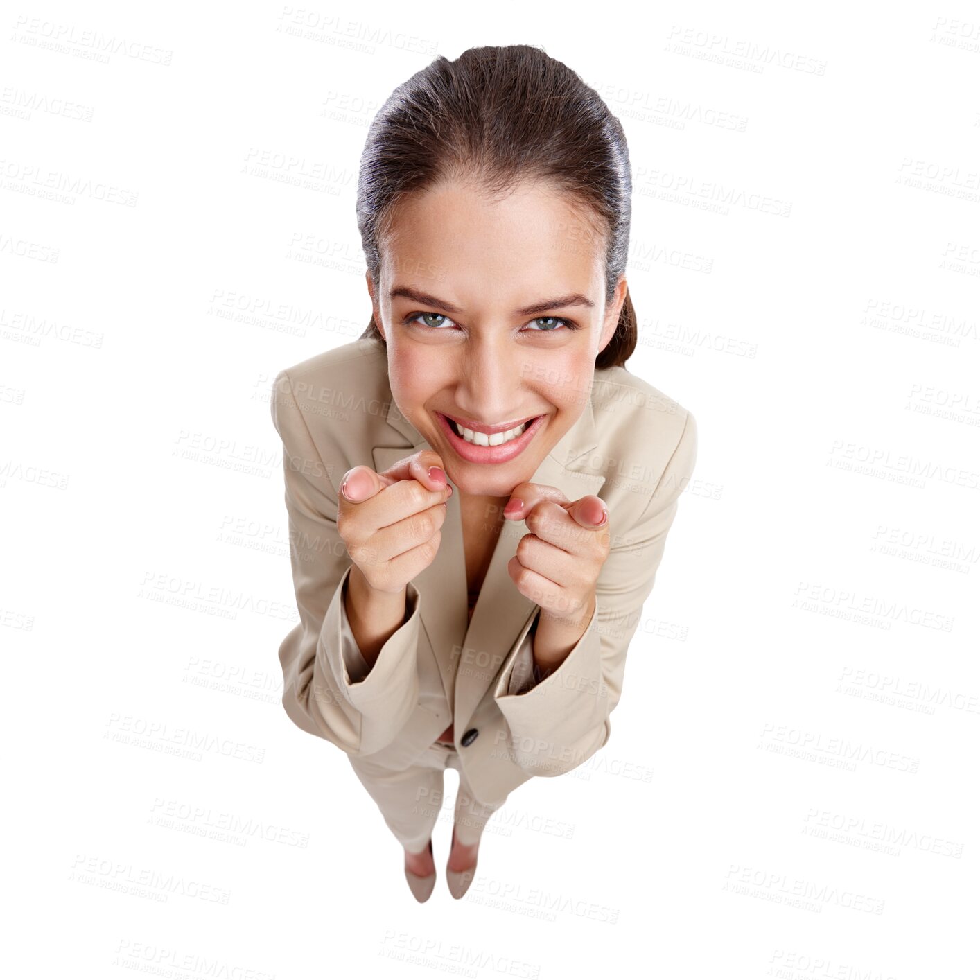 Buy stock photo Pointing at you, professional and business woman on isolated, png and transparent background for hiring. High angle, recruitment and female person with hand sign for opportunity, choice and decision