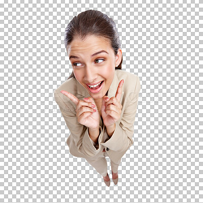 Buy stock photo Happy, woman and pointing to menu, choice or decision of checklist option on transparent, isolated or png background. Hand, sign up and gesture to show vote in business presentation from a top view