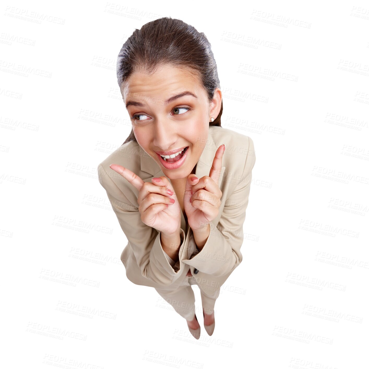 Buy stock photo Happy, woman and pointing to menu, choice or decision of checklist option on transparent, isolated or png background. Hand, sign up and gesture to show vote in business presentation from a top view