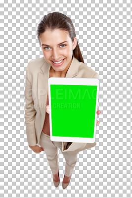 Buy stock photo Portrait of happy woman with tablet, green screen and isolated on transparent png background for high angle website info mockup. Internet, online promotion and model with digital app, smile and space