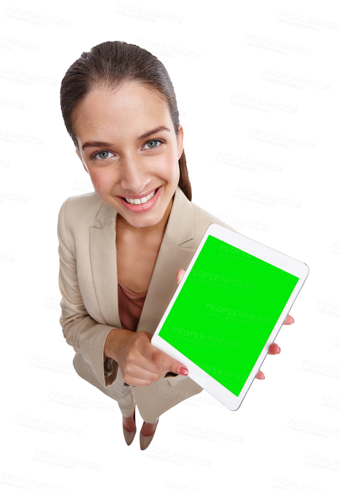 Buy stock photo High angle portrait of woman with tablet, green screen and isolated on transparent png background for website info mockup. Internet, online promotion and happy model with digital app, smile and space