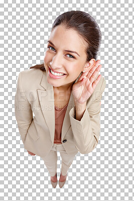 Buy stock photo Portrait, woman or business with gossip, listen or employee isolated on transparent background. Top view, female person or model with body language, communication or announcement with png or hearing