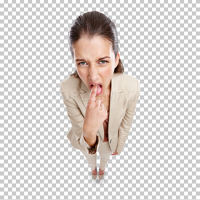 Buy stock photo Finger, business and woman with disgust, mouth and employee isolated on a transparent background. Portrait, top view and female person with expression, png and worker with nausea and professional