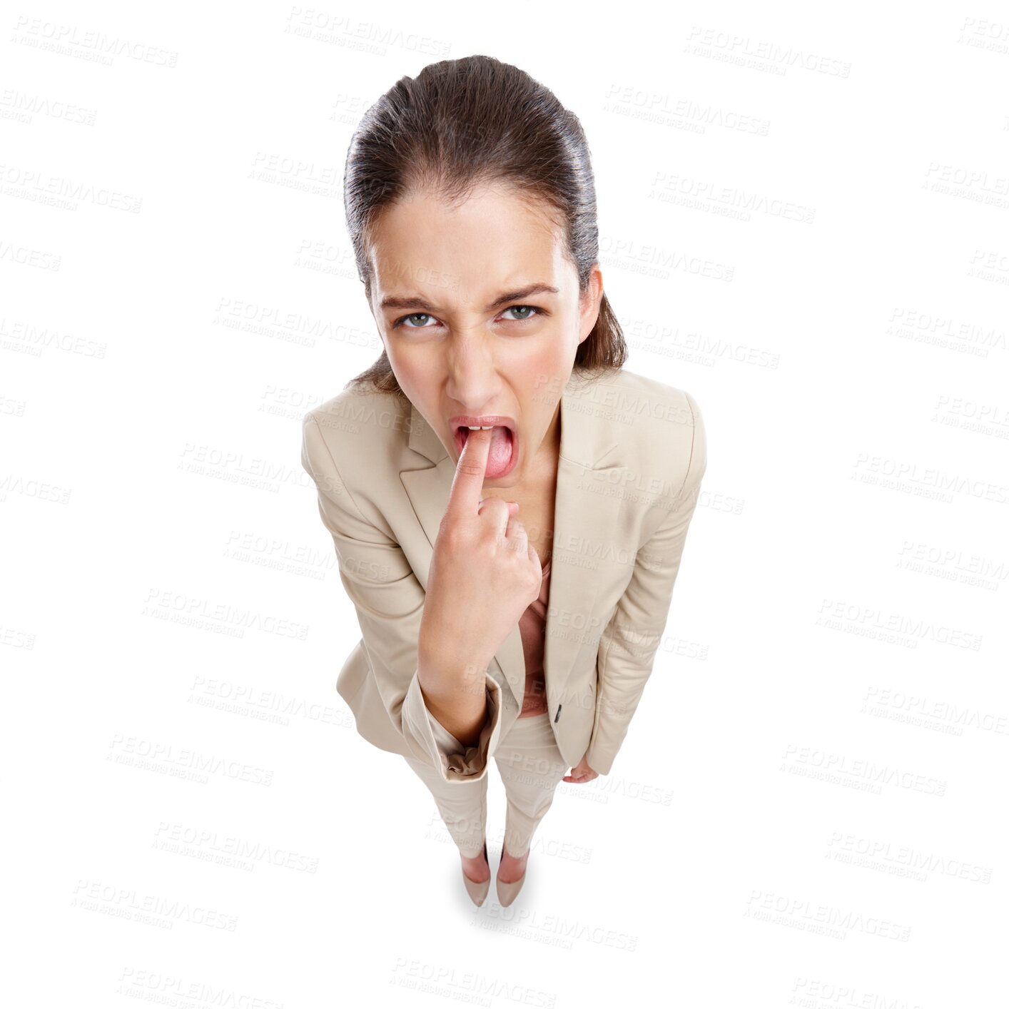 Buy stock photo Finger, business and woman with disgust, mouth and employee isolated on a transparent background. Portrait, top view and female person with expression, png and worker with nausea and professional