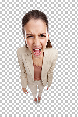 Buy stock photo Screaming, stress and portrait of business woman on png for news, announcement and surprise. Fear, notification and frustrated with female employee isolated on transparent background for shouting 