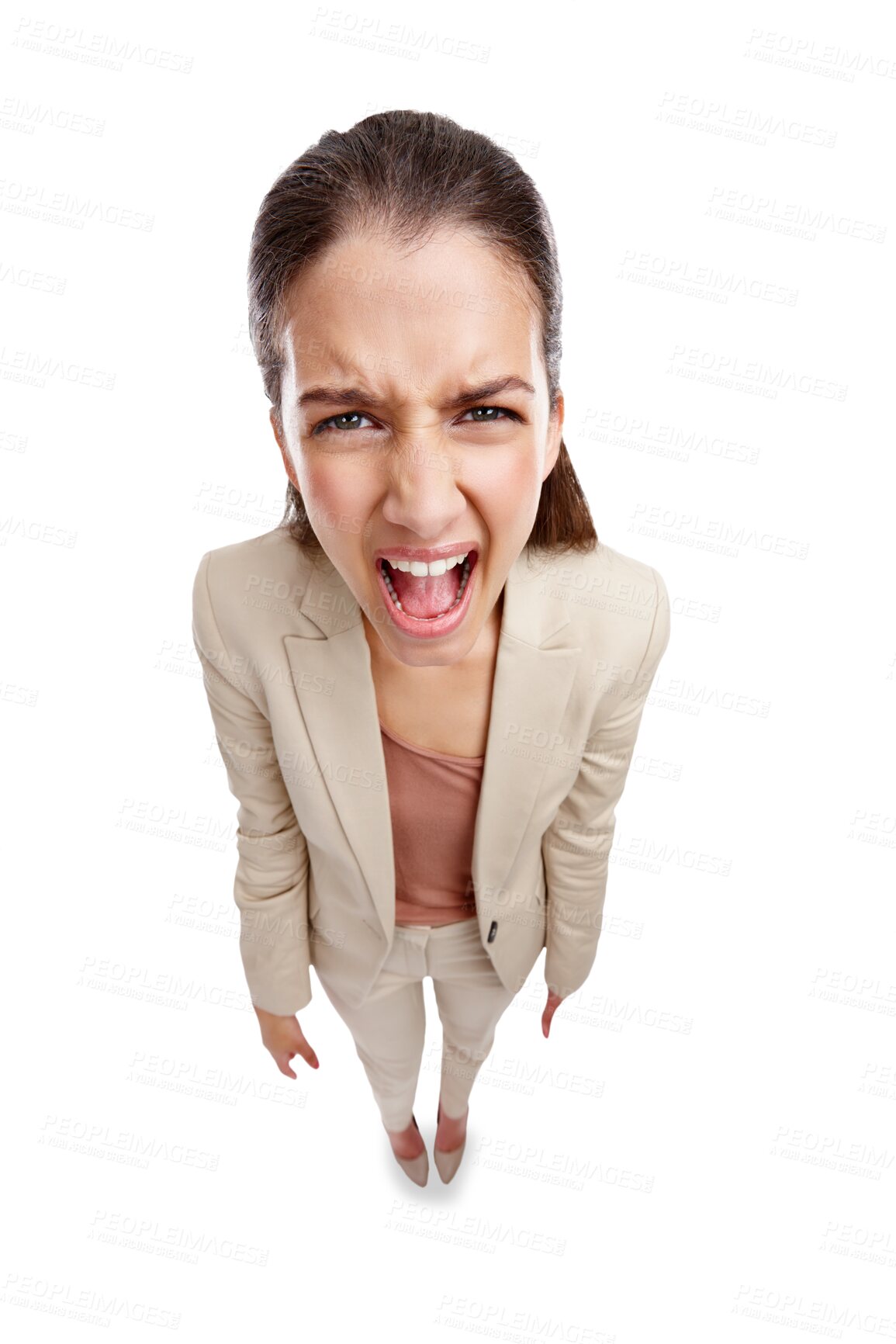 Buy stock photo Screaming, stress and portrait of business woman on png for news, announcement and surprise. Fear, notification and frustrated with female employee isolated on transparent background for shouting 