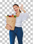 Groceries, okay sign and woman in portrait with food excellence and promotion, sale or discount. Person, bag and grocery shopping, healthy fruits and vegetable and ok emoji on studio white background