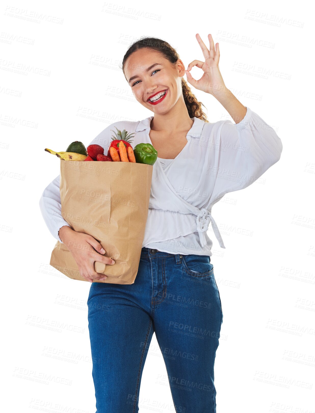 Buy stock photo Woman, groceries and okay sign for food excellence promotion, sale or discount in portrait. Person, bag and shopping for healthy fruits, vegetable and yes emoji isolated on transparent png background