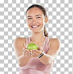 Portrait, apple and offer of woman isolated on studio, white background for healthy food, healthcare or nutritionist diet. Face of vegan person or model giving green fruit for diet, care and choice