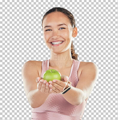 Buy stock photo Fitness, apple and portrait of a woman for health, wellness and a clean diet. Fruit, nutrition and excited or happy young female person with healthy food isolated on a transparent, png background