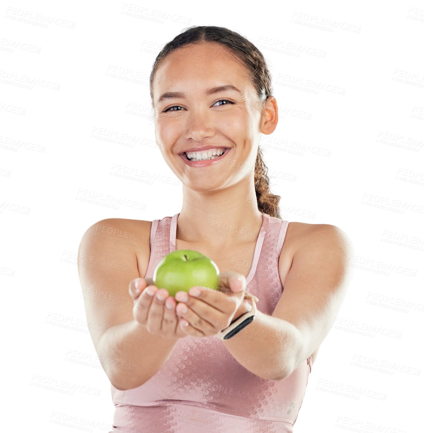Buy stock photo Fitness, apple and portrait of a woman for health, wellness and a clean diet. Fruit, nutrition and excited or happy young female person with healthy food isolated on a transparent, png background