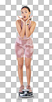 Fitness woman, portrait and surprise on scale for lose weight or diet plan against a grey studio background. Shocked female person in sportswear for healthy body, workout or exercise measurement