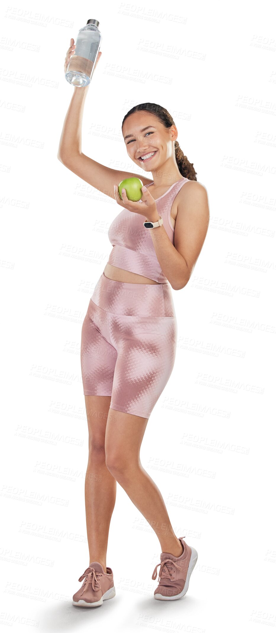 Buy stock photo Excited, apple and water for health of a woman for fitness, wellness and a clean diet. Exercise, fruit nutrition and portrait of a happy young female person isolated on a transparent, png background