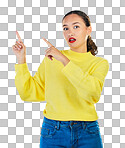 Pointing, shock and presentation with portrait of woman in studio for show, advertising and idea. Announcement, wow and deal with person on grey background for opportunity, offer and news mockup