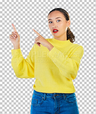 Buy stock photo Pointing, surprise and portrait of woman isolated on transparent png background for presentation. Announcement, promotion choice and deal information, girl in shock showing opportunity offer or news.