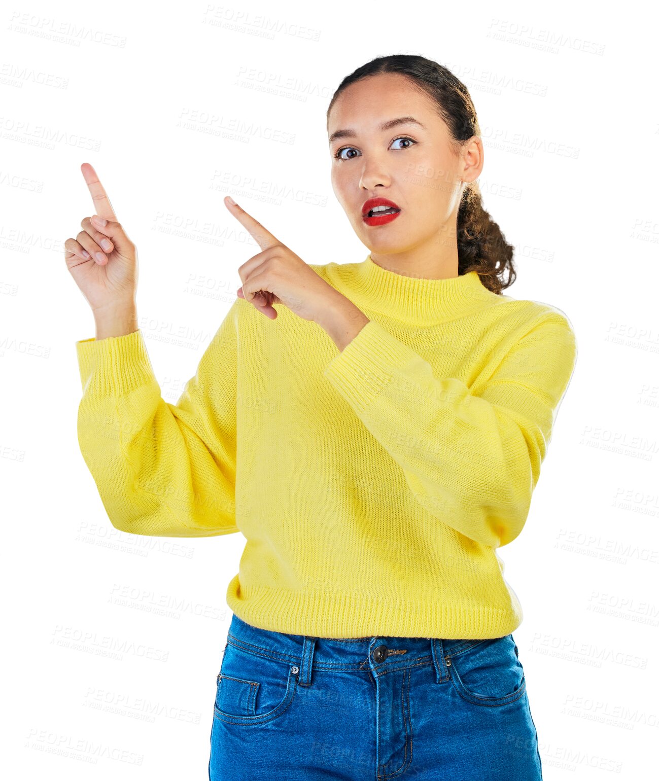 Buy stock photo Pointing, surprise and portrait of woman isolated on transparent png background for presentation. Announcement, promotion choice and deal information, girl in shock showing opportunity offer or news.