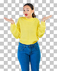 Portrait, confused woman and shrug in studio, white background or question of choice, emoji or puzzled reaction. Female model, body language and dont know why in doubt, uncertainty or forgot decision