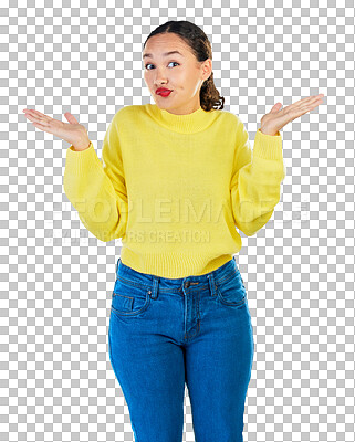 Buy stock photo Portrait, confused woman and doubt isolated on transparent png background, question of choice, emoji or puzzled reaction. Gen z girl, model with hands up and why with shrug, uncertainty and decision.