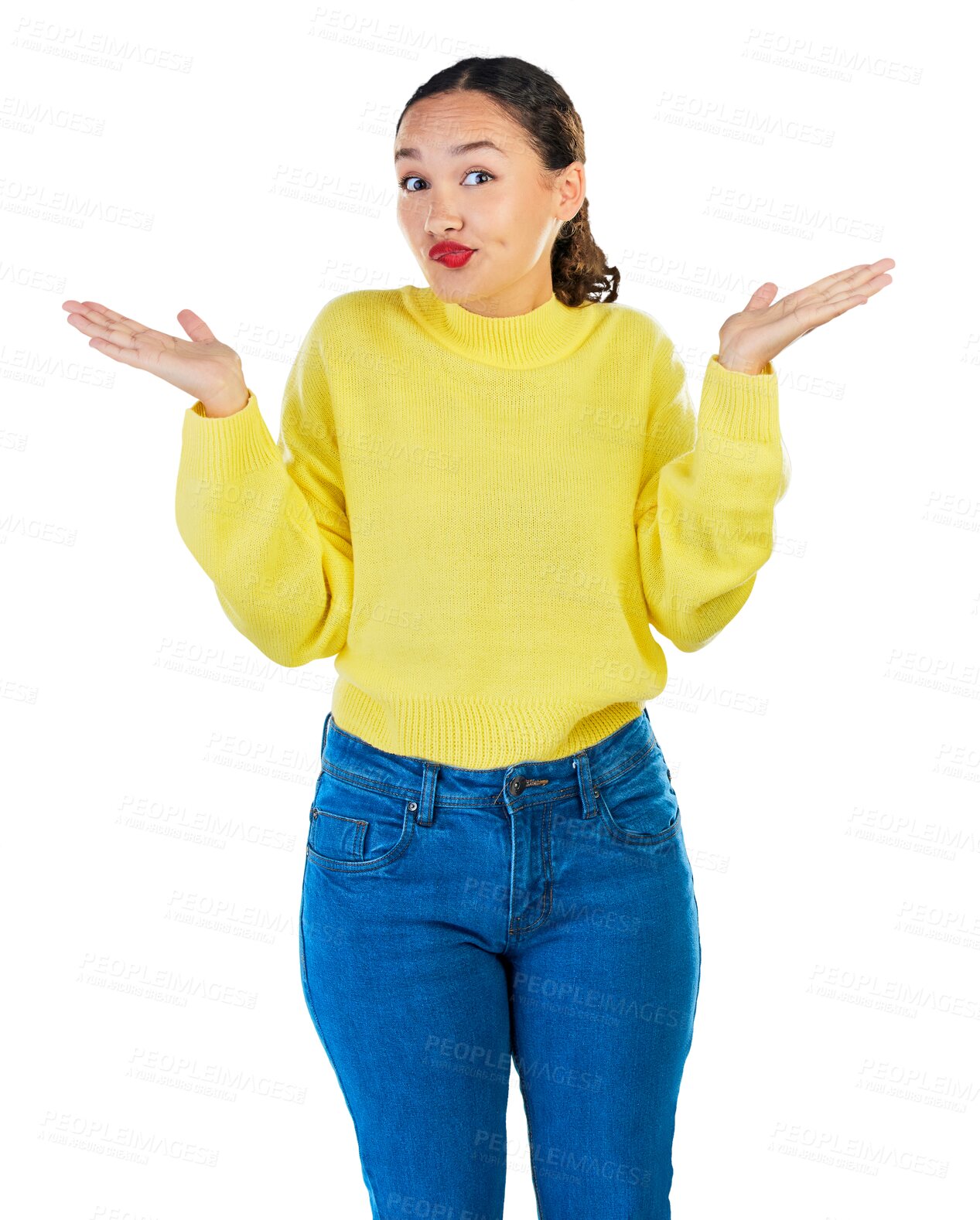 Buy stock photo Portrait, confused woman and doubt isolated on transparent png background, question of choice, emoji or puzzled reaction. Gen z girl, model with hands up and why with shrug, uncertainty and decision.