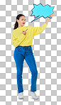 Speech bubble, portrait and woman pointing to chat, social media opinion and confused, translation or communication. Gen z person in doubt, question and language mockup or quote on studio background