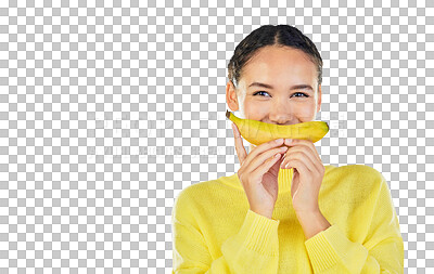 Happy, banana and portrait of woman with fruit in studio for healthy eating, wellness and diet. Food, lose weight and female person on white background with fruits for nutrition, detox and digestion