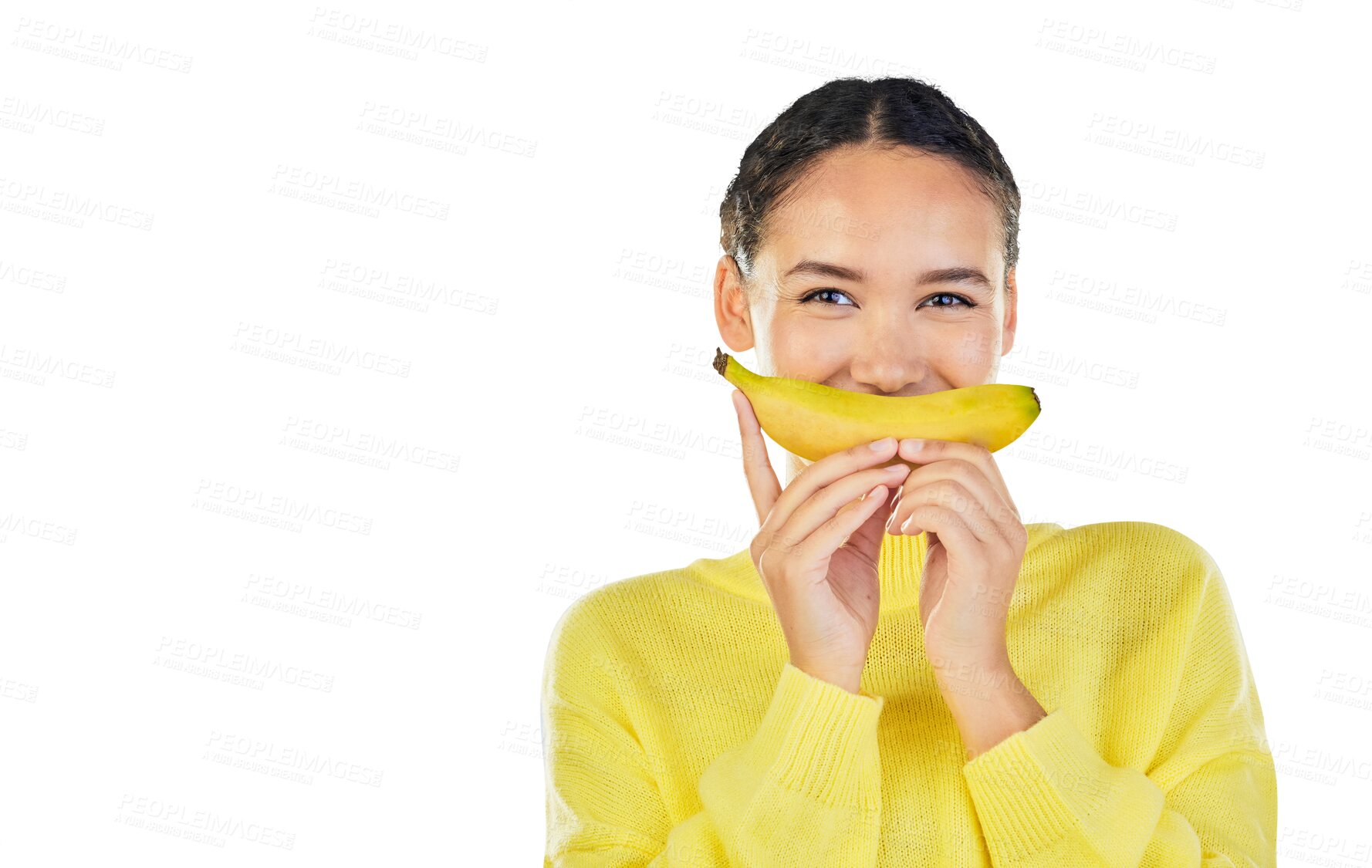 Buy stock photo Detox, banana and portrait of woman with nutrition, lose weight or girl isolated on a transparent background. Face, female person or model with fruit, digestion or png for healthy eating or wellness