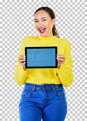 Buy stock photo Woman, fashion and wow for tablet screen mockup presentation for discount, news or e commerce winner. Portrait of excited person on digital tech for online sale isolated on transparent png background