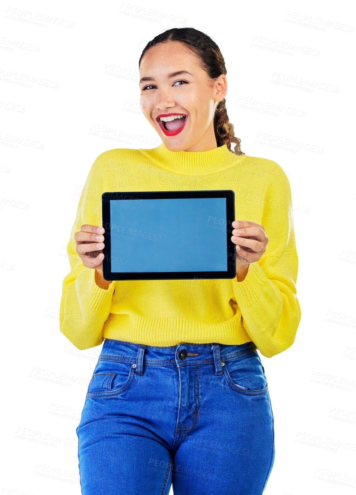 Buy stock photo Woman, fashion and wow for tablet screen mockup presentation for discount, news or e commerce winner. Portrait of excited person on digital tech for online sale isolated on transparent png background